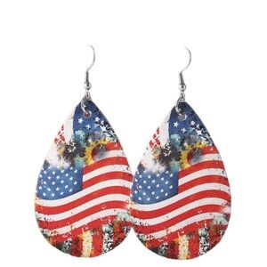 Patriotic Flag Print Teardrop Leather Drop Earrings